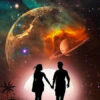 Diamond Painting - Planetenstelsel met silhouetten voorbeeldafbeelding van het volledige ontwerp