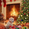 Diamond Painting - Puppy bij de open haard voorbeeldafbeelding van het volledige ontwerp
