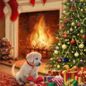 Diamond Painting - Puppy bij de open haard voorbeeldafbeelding van het volledige ontwerp