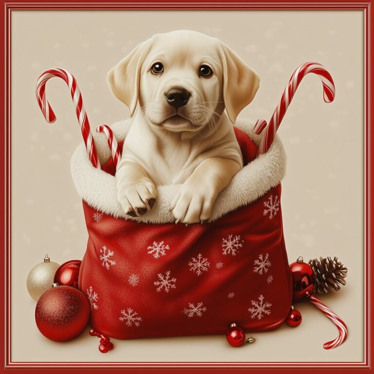 Diamond Painting Puppy in kerstzak voorbeeldafbeelding van het volledige ontwerp