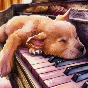 Diamond Painting Puppy slaapt op piano voorbeeldafbeelding van het volledige ontwerp