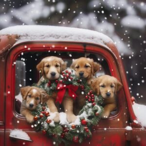 Diamond Painting Puppy’s in de rode auto voorbeeldafbeelding van het volledige ontwerp