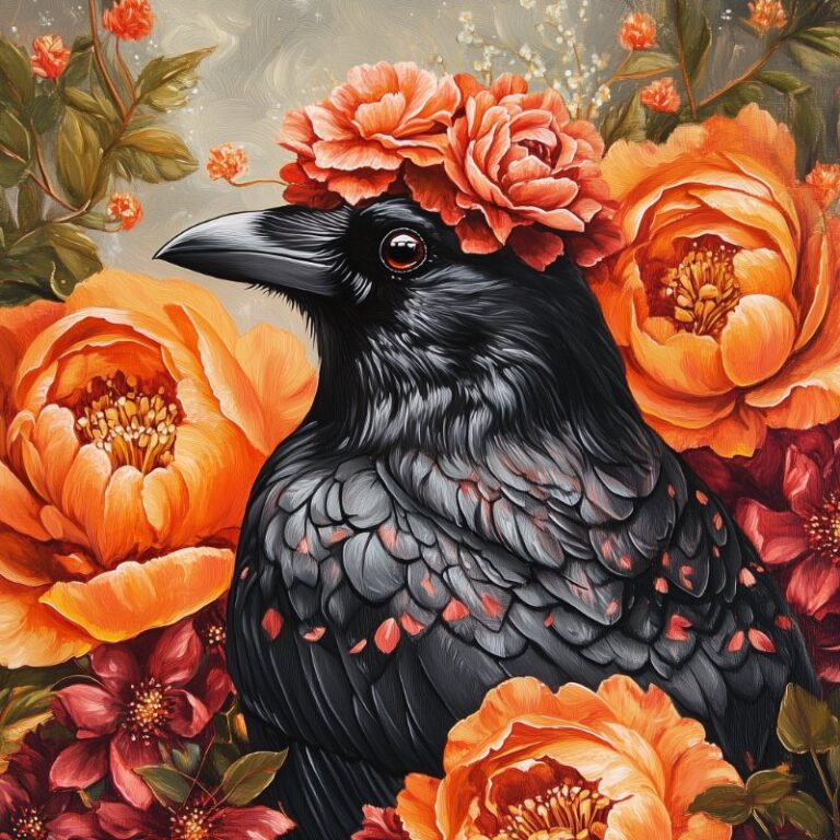 Diamond Painting Raaf met bloemen voorbeeldafbeelding van het volledige ontwerp