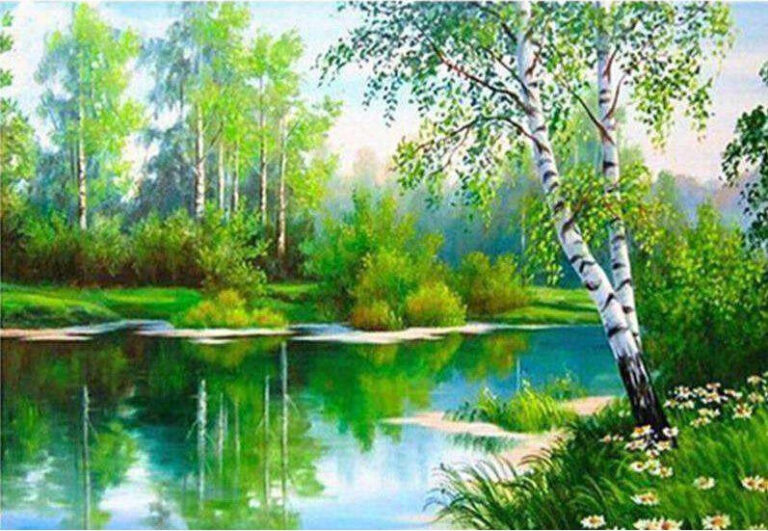 Diamond Painting Rivier Groen Bos voorbeeldafbeelding van het volledige ontwerp