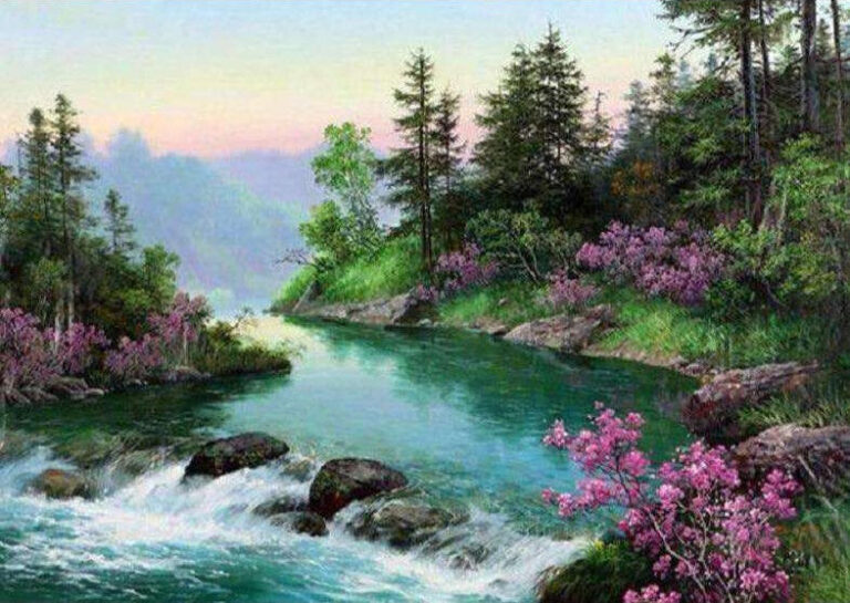 Diamond Painting Rivier In Het bos voorbeeldafbeelding van het volledige ontwerp