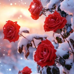 Diamond Painting Rode rozen in de sneeuw voorbeeldafbeelding van het volledige ontwerp
