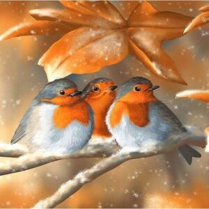 Diamond Painting - Twee roodborstjes onder herfstbladeren voorbeeldafbeelding van het volledige ontwerp