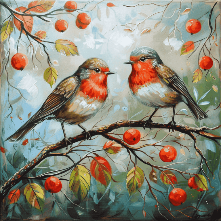 Diamond Painting Roodborstjes in de Boom voorbeeldafbeelding van het volledige ontwerp