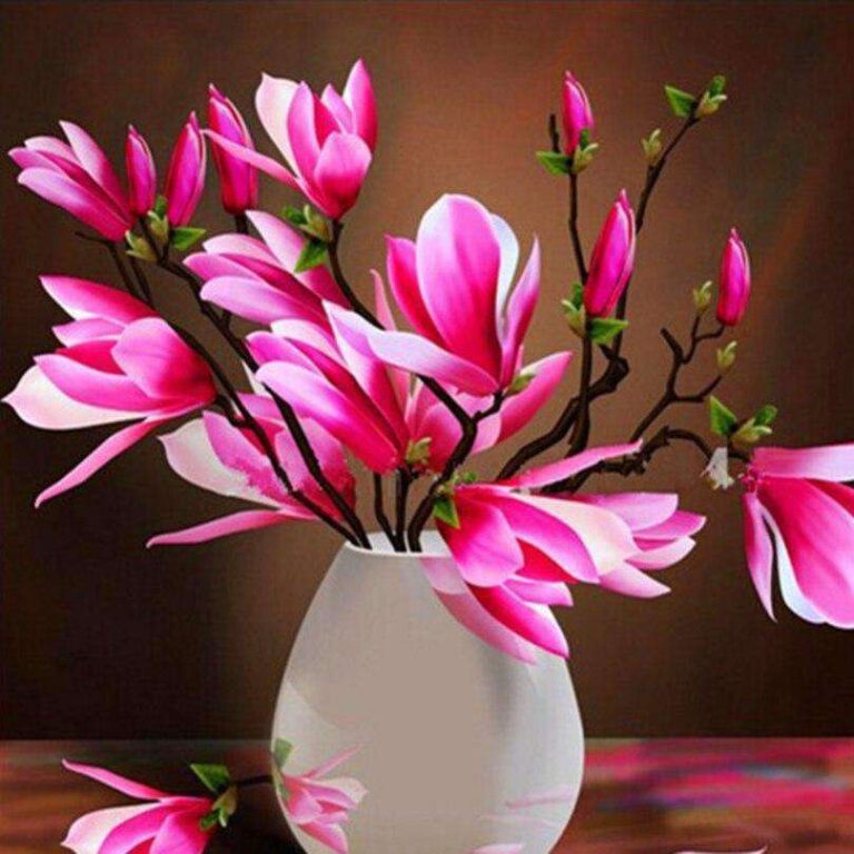 Diamond Painting Roze Bloemen In Vaas voorbeeldafbeelding van het volledige ontwerp