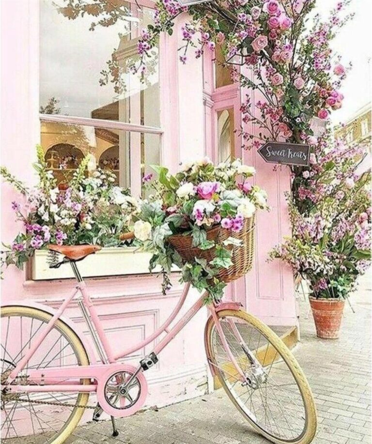 Diamond Painting Roze Fiets Met Bloemen voorbeeldafbeelding van het volledige ontwerp