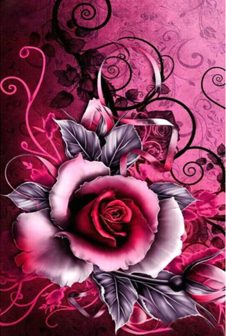 Diamond Painting - Roze roos met sierlijnen voorbeeldafbeelding van het volledige ontwerp
