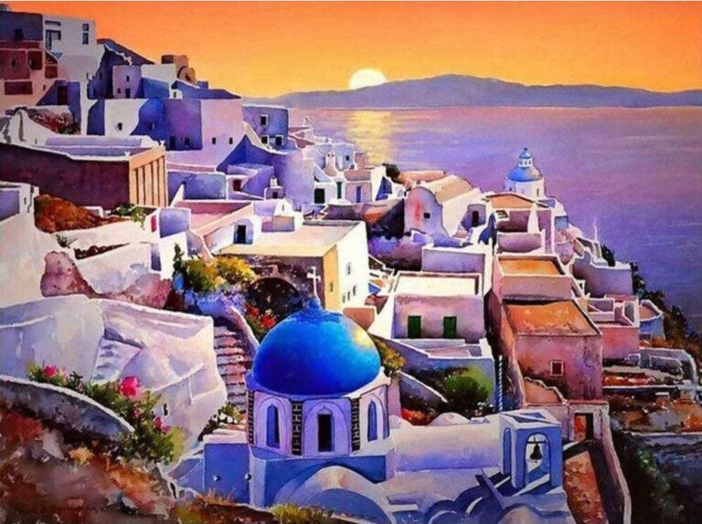Diamond Painting Santorini voorbeeldafbeelding van het volledige ontwerp