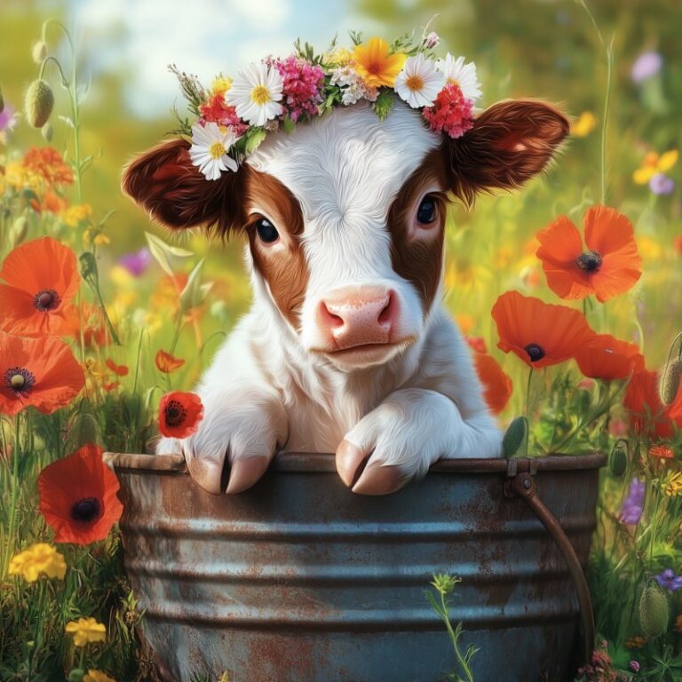 Diamond Painting Schattig kalfje in de emmer voorbeeldafbeelding van het volledige ontwerp