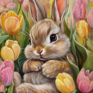 Diamond Painting Schattig konijn liggend in tulpen voorbeeldafbeelding van het volledige ontwerp