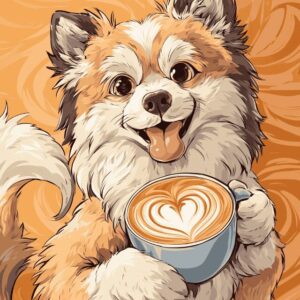 Diamond Painting Schattige hond met koffie voorbeeldafbeelding van het volledige ontwerp