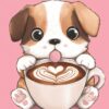 Diamond Painting Schattige puppy met cappuccino voorbeeldafbeelding van het volledige ontwerp