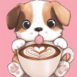 Diamond Painting Schattige puppy met cappuccino voorbeeldafbeelding van het volledige ontwerp