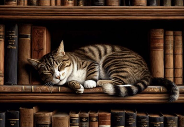 Diamond Painting Slapende Kat In Boekenkast voorbeeldafbeelding van het volledige ontwerp