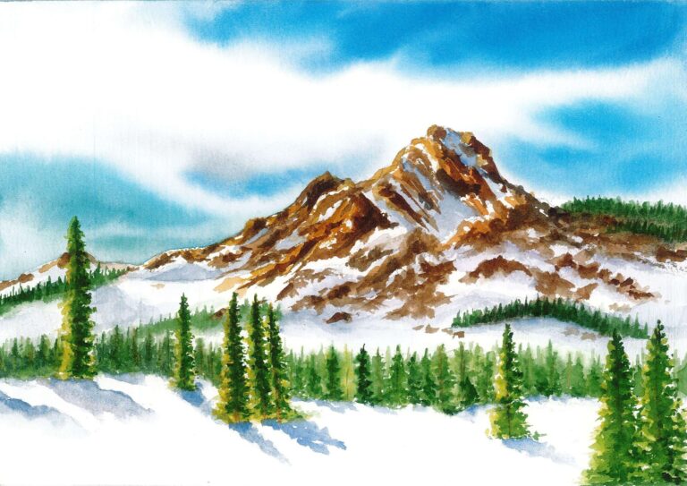 Diamond Painting - Besneeuwde bergtoppen met dennen voorbeeldafbeelding van het volledige ontwerp