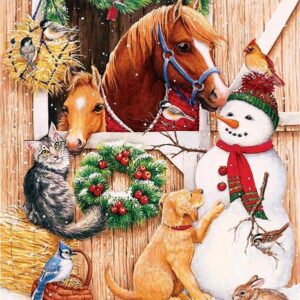 Diamond Painting - Sneeuwpop bij boerderijdieren voorbeeldafbeelding van het volledige ontwerp