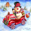 Diamond Painting - Sneeuwpop in rode auto voorbeeldafbeelding van het volledige ontwerp