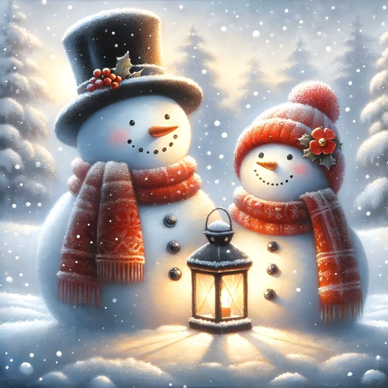 Diamond Painting Sneeuwpop Koppel voorbeeldafbeelding van het volledige ontwerp