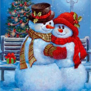 Diamond Painting - Sneeuwpoppen bij kerstboom voorbeeldafbeelding van het volledige ontwerp