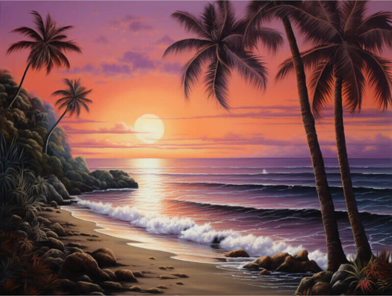 Diamond Painting Strand met palmbomen voorbeeldafbeelding van het volledige ontwerp