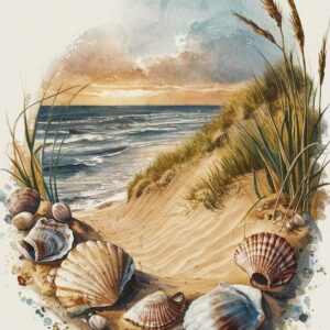 Diamond Painting Strand met schelpen en zee voorbeeldafbeelding van het volledige ontwerp