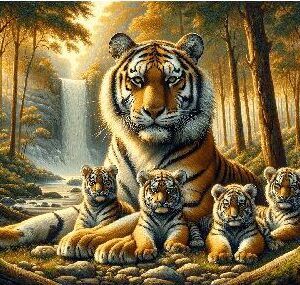 Diamond Painting Tijger Met Kleintjes voorbeeldafbeelding van het volledige ontwerp