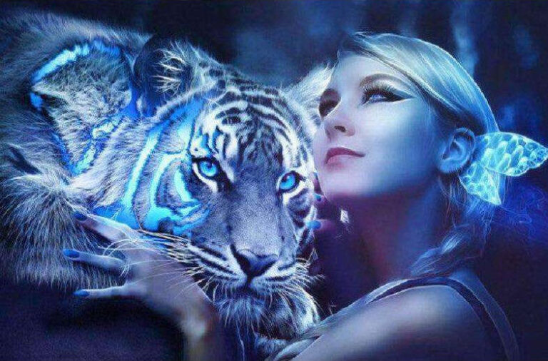Diamond Painting Tijger Met Vrouw voorbeeldafbeelding van het volledige ontwerp