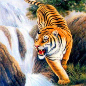 Diamond Painting Tijger Op Jacht Waterval voorbeeldafbeelding van het volledige ontwerp