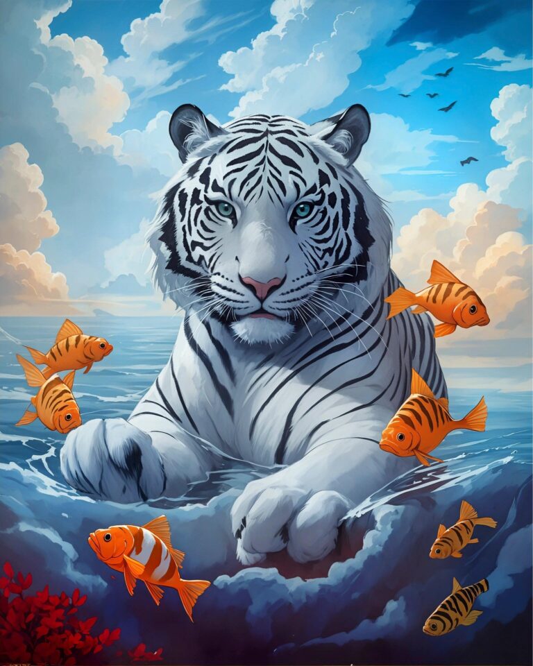 Diamond Painting Tijger met goudvis voorbeeldafbeelding van het volledige ontwerp