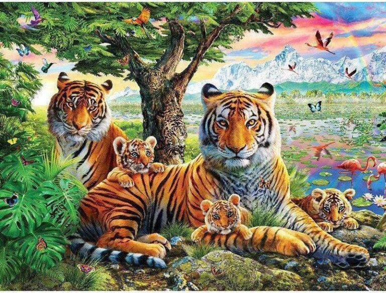 Diamond Painting Tijgers Met Dieren voorbeeldafbeelding van het volledige ontwerp