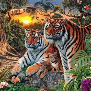 Diamond Painting Tijgers Zonsondergang voorbeeldafbeelding van het volledige ontwerp