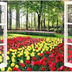 Diamond Painting - Tulpenveld door open raam voorbeeldafbeelding van het volledige ontwerp