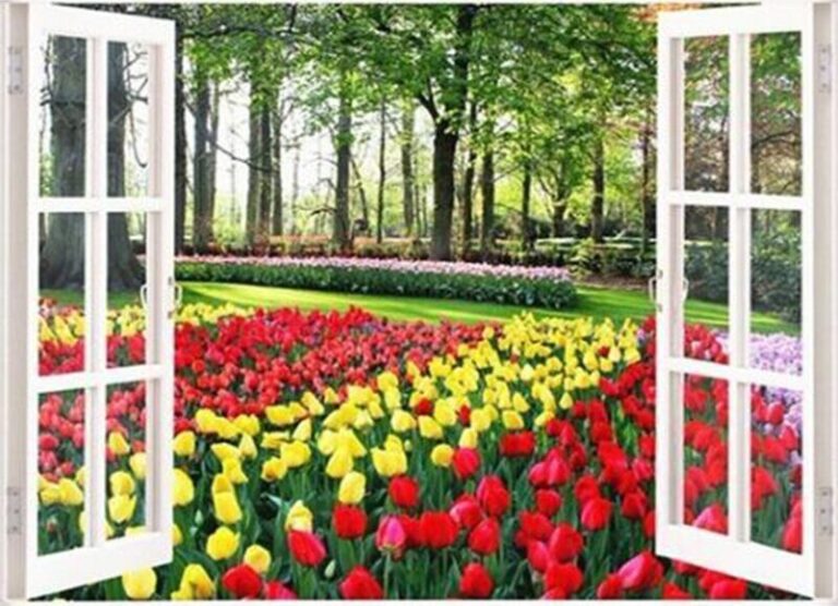 Diamond Painting - Tulpenveld door open raam voorbeeldafbeelding van het volledige ontwerp