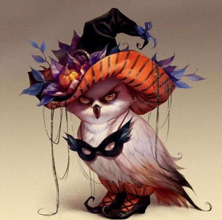 Diamond Painting Uil Hoed Halloween voorbeeldafbeelding van het volledige ontwerp