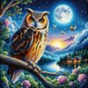 Diamond Painting Uil bij volle maan voorbeeldafbeelding van het volledige ontwerp