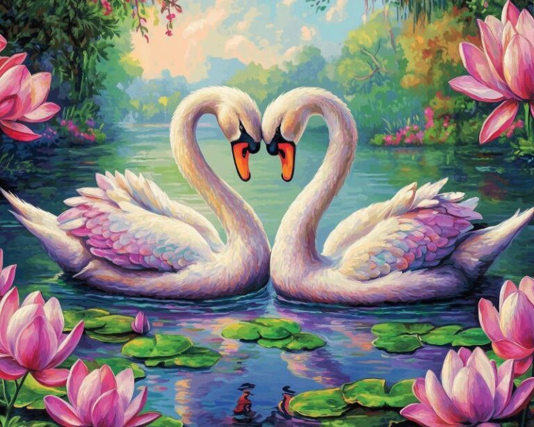Diamond Painting Verliefde Zwanen voorbeeldafbeelding van het volledige ontwerp