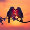 Diamond Painting Verliefde vogels bij zonsondergang voorbeeldafbeelding van het volledige ontwerp