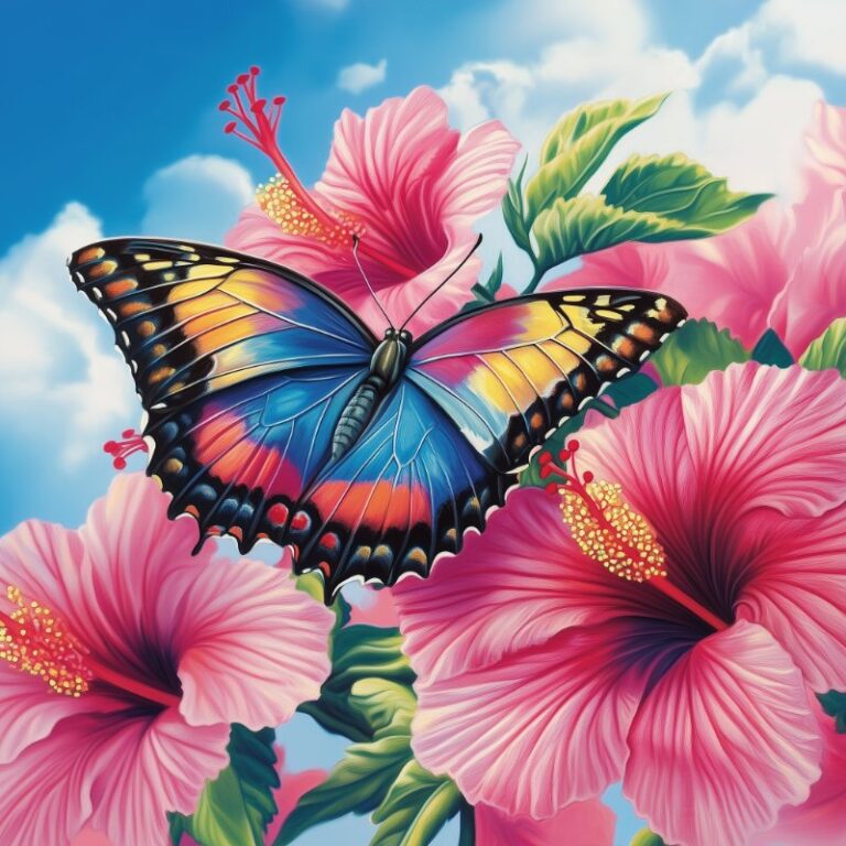 Diamond Painting Vlinder op de Hibiscus-bloem voorbeeldafbeelding van het volledige ontwerp