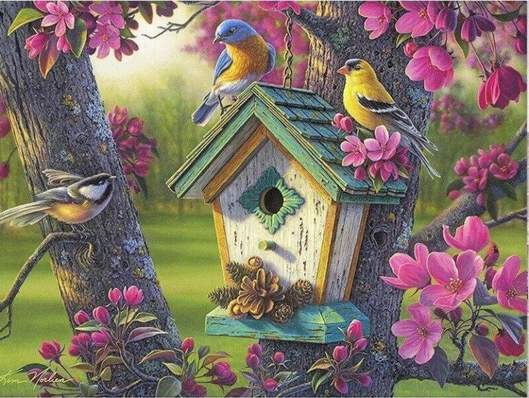 Diamond Painting Vogelhuisje voorbeeldafbeelding van het volledige ontwerp