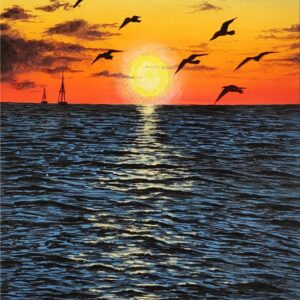 Diamond Painting Vogels Over Zee Bij Zonsondergang voorbeeldafbeelding van het volledige ontwerp