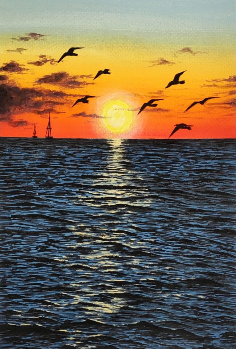 Diamond Painting Vogels Over Zee Bij Zonsondergang voorbeeldafbeelding van het volledige ontwerp
