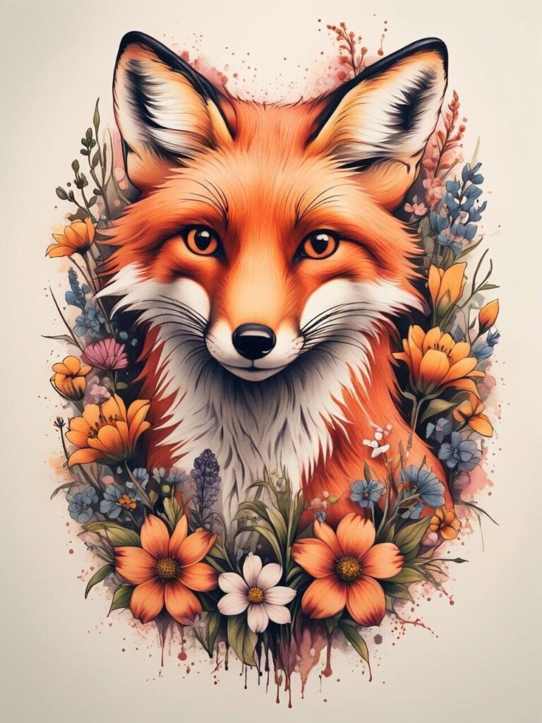 Diamond Painting Vos met bloemen voorbeeldafbeelding van het volledige ontwerp