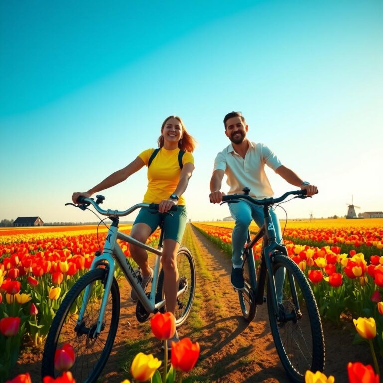 Diamond Painting Vrienden fietsen door bloeiende velden voorbeeldafbeelding van het volledige ontwerp