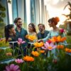 Diamond Painting Vrienden lachen samen bloemen plukken voorbeeldafbeelding van het volledige ontwerp