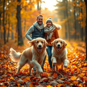 Diamond Painting Vrienden spelen met honden in herfstbladeren voorbeeldafbeelding van het volledige ontwerp