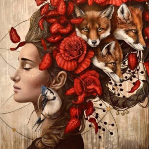 Diamond Painting - Vrouw met dieren en rozen voorbeeldafbeelding van het volledige ontwerp